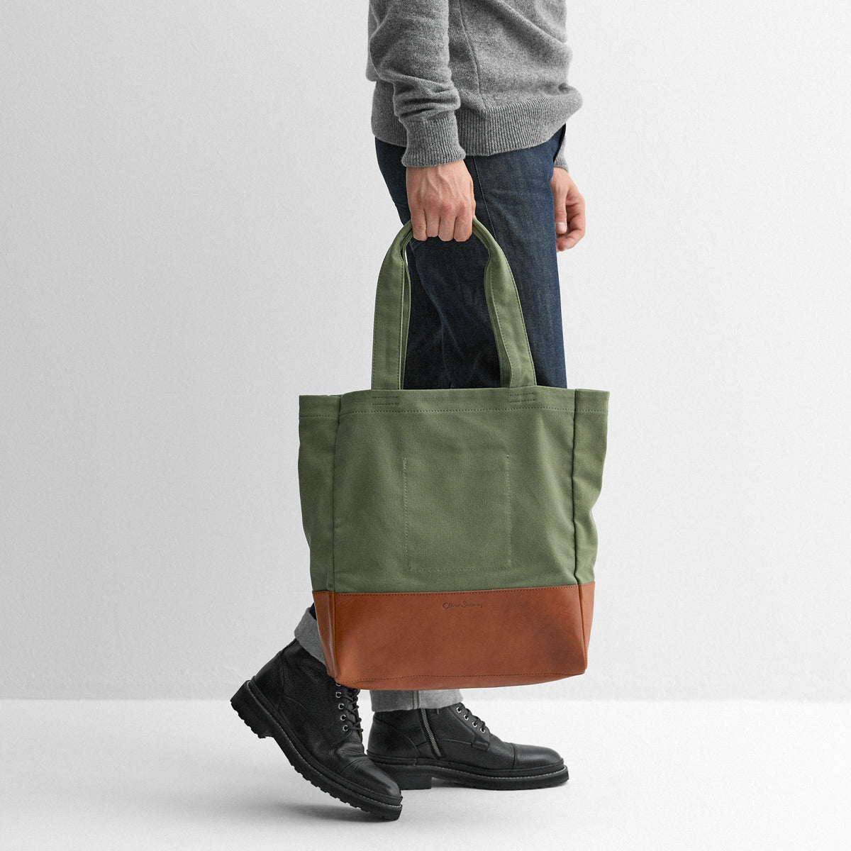 Ballig Khaki Canvas/Leather Tote Bag | Oliver Sweeney