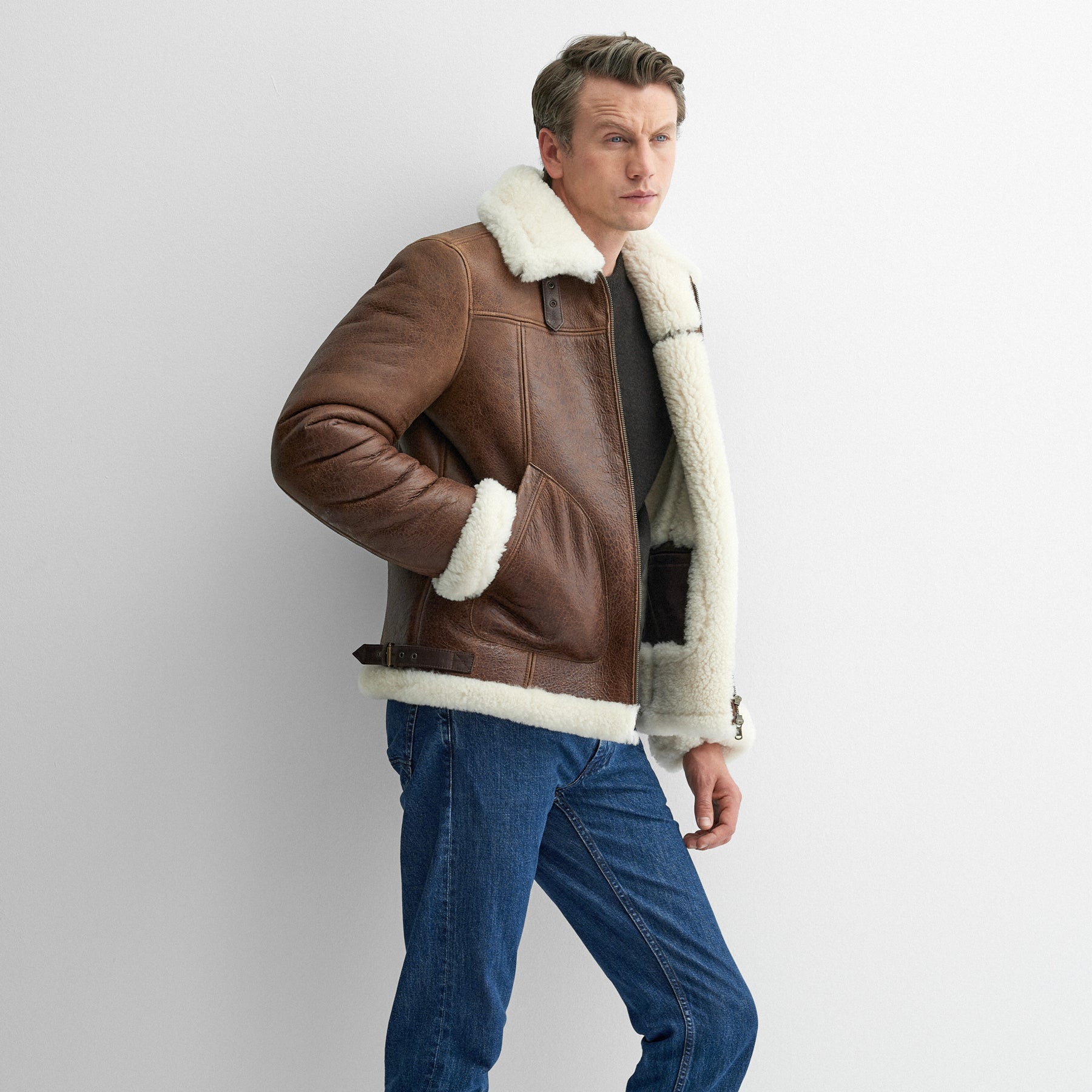 Mens shearling coat hot sale with fur collar