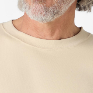 Closeup of Deep ribbed crew neck