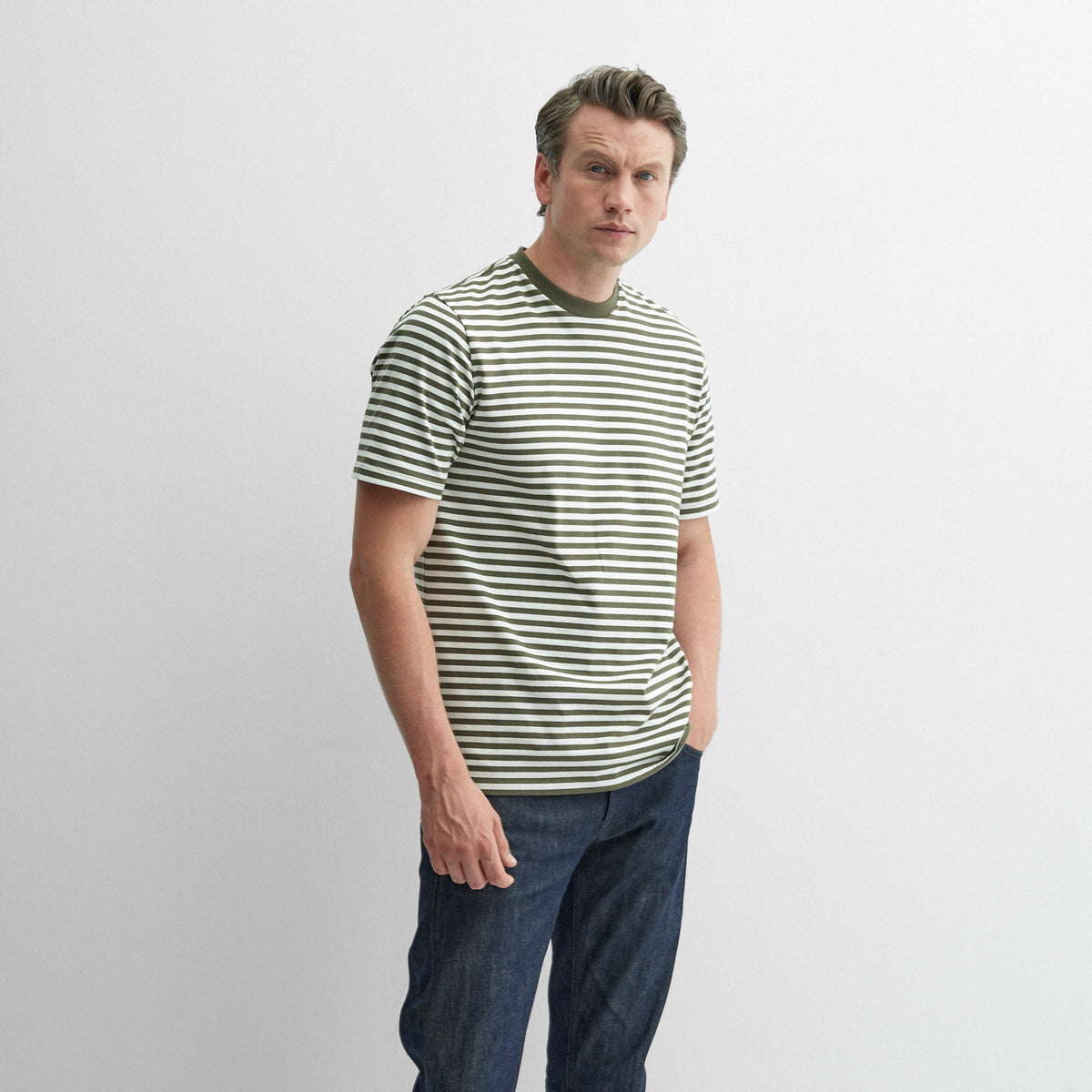 Markham Khaki Stripe | Men's Cotton T-Shirt | Oliver Sweeney